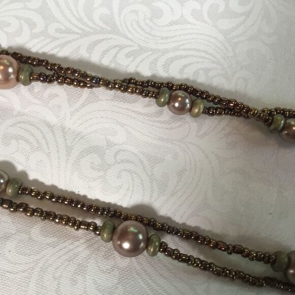 Copper Seed Bead with Faux Peach Pearls Necklace - Picture 5 of 6